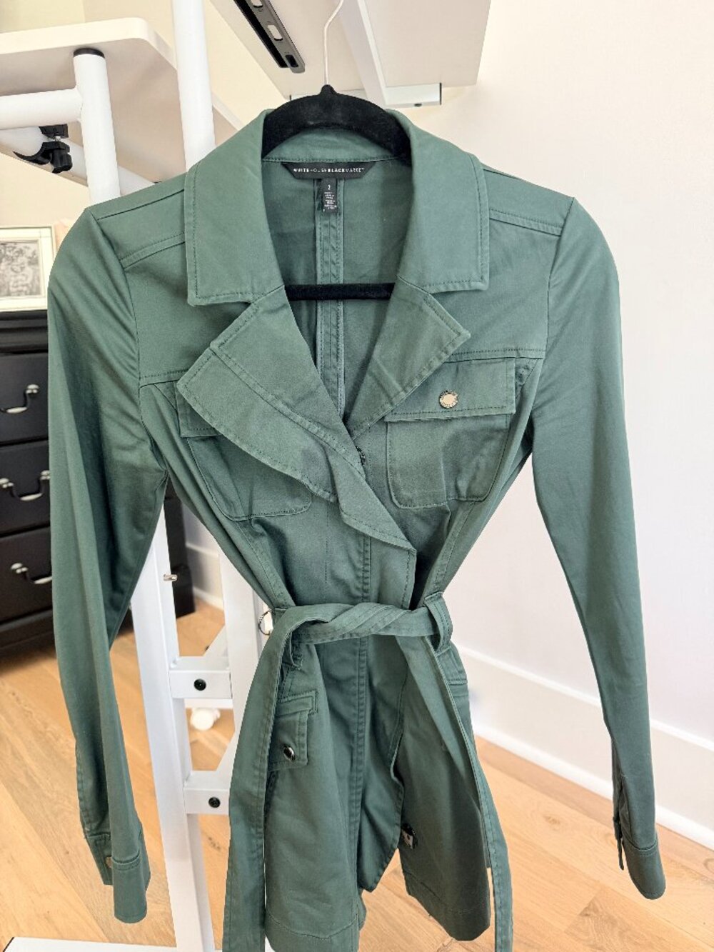 White House Black Market Green Belted Utility Trench Jacket Size 2